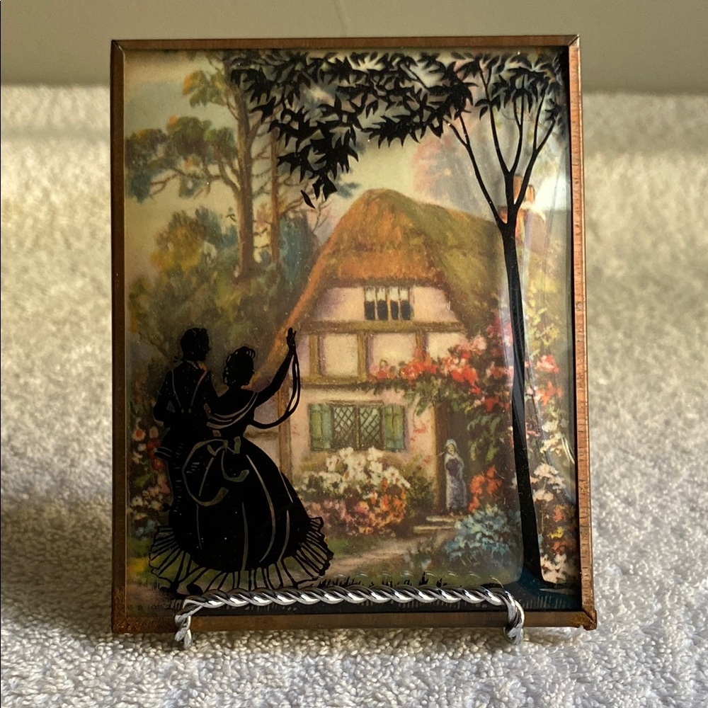 Vintage Silhouette Green and Black Cottage Painting Framed in Glass